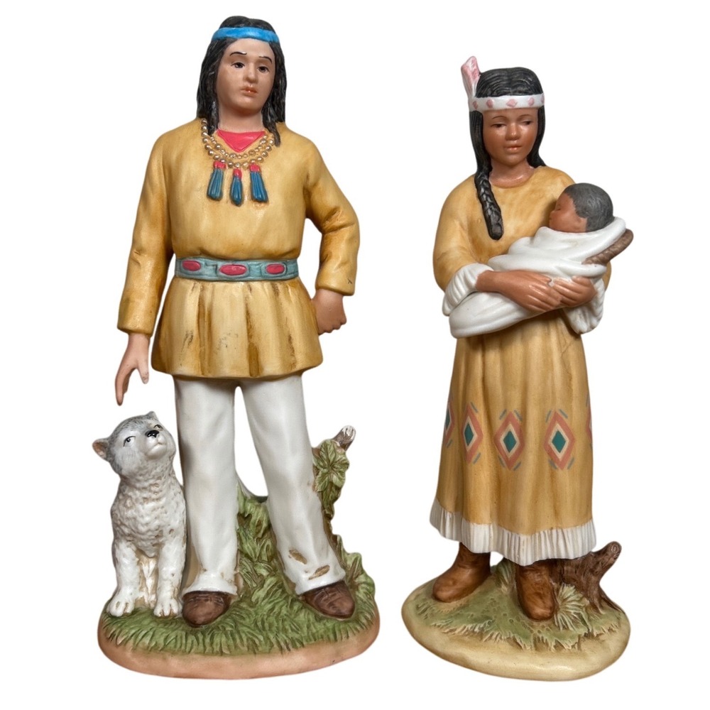 Vintage Homco Native American Porcelain Figurines Man Wolf Woman Baby 1404 1447
